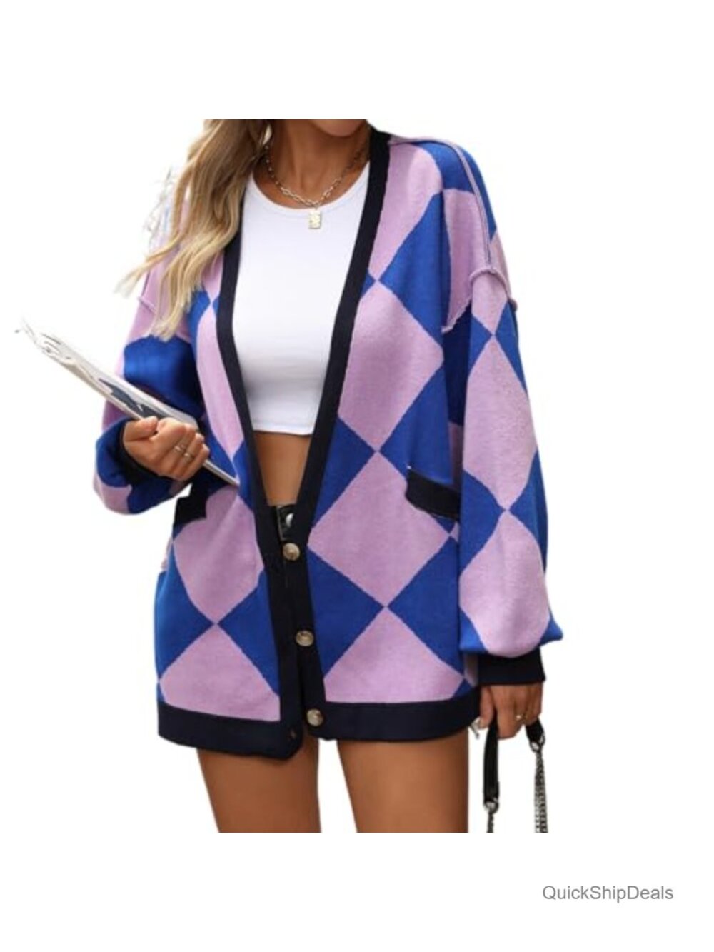 Women's Oversized Argyle Cardigan Sweater Long Sleeve V-Neck Knit Top